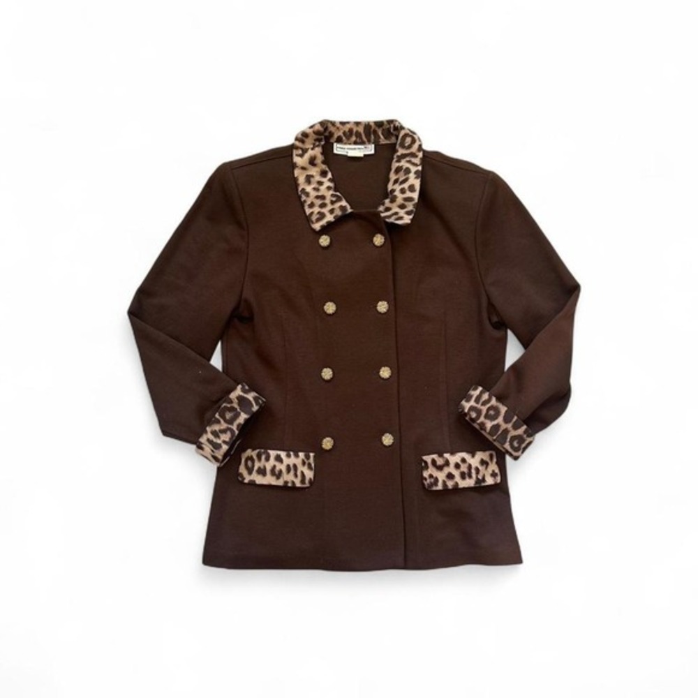 VTG‎ brown leopard cheetah print trim double breasted gold button blazer